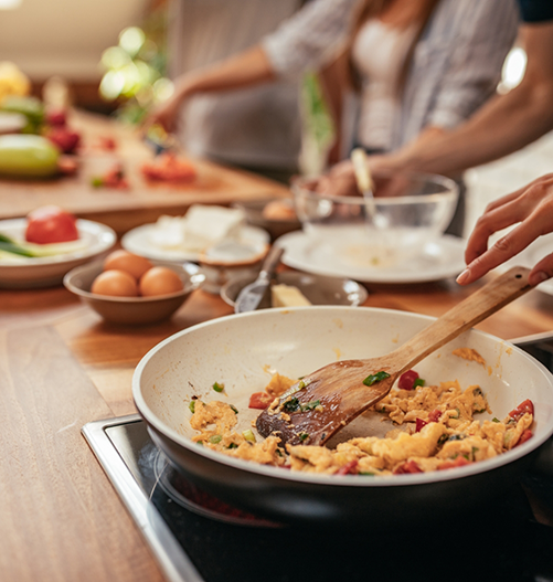 Putting together a meal on a countertop