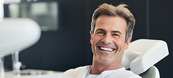 Older man sitting in dental chair and smiling